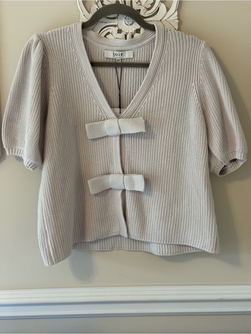 Joie Cream Short-Sleeve Knit Cardigan with Bow Front
